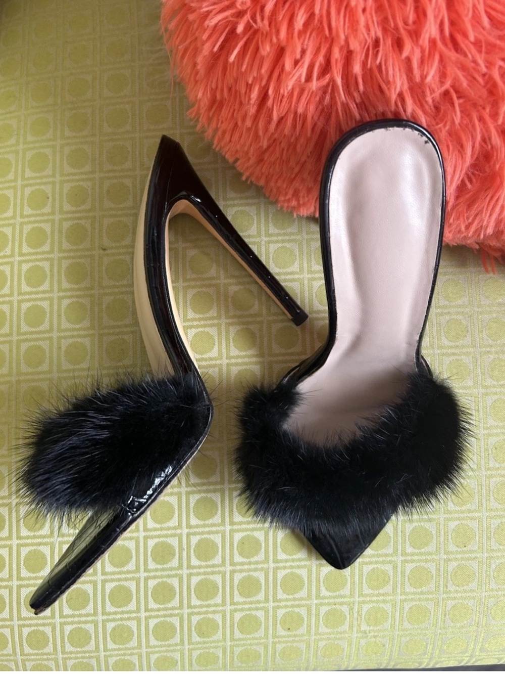 Y2K Black Mink Fur Croc Embossed Stiletto Mule Heels EU 38 Glam 5”